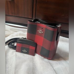 Coach Mini Town Bucket Bag With Buffalo Plaid Print with Cardholder Wallet Set